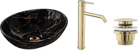 Комплект Умивалник за плот Sofia marble black + Смесител за баня Lungo gold + Изпускателен клапан gold