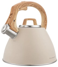 Свирещ чайник Klausberg KB 7954, 2.5 л, Неръждаема стомана, Топлоизолирана дръжка с дървесен ефект, Индукция, Бежов/кафяв