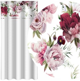 Обикновена бяла завеса с щампа на розови и бордови божури Ширина: 160 см | Дължина: 250 см