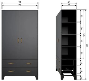 Гардероб от черен бор 94x180 cm Dian - WOOOD