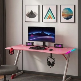Розова геймърска PC маса с RGB LED осветление Šírka: 120 cm