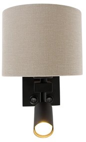 Стенна лампа черна с лампа за четене и абажур 18 см светло кафяв - Brescia