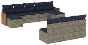 3260472 vidaXL Градински диван с възглавници, 10 части, полиратан, сив