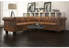 287914 vidaXL Ъглов диван Честърфийлд, 5 места, кафяв, изкуствена кожа