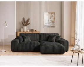 Тъмносив разтегателен ъглов диван от рипсено кадифе с място за съхранение (десен ъгъл) Sarina – Ropez
