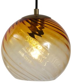 Висяща лампа бронз с димно кехлибарено и зелено стъкло кръгла 4 светлини - Bao