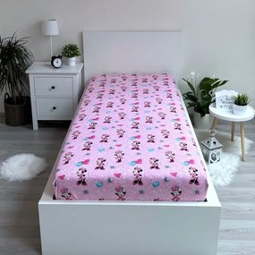 Розов еластичен памучен детски чаршаф 90x200 cm Minnie "Flowers" – Jerry Fabrics