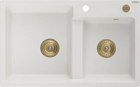 Mexen Tomas гранитна мивка 2-камерна 800 x 500 mm, бяла, златен сифон - 6516802000-20-G