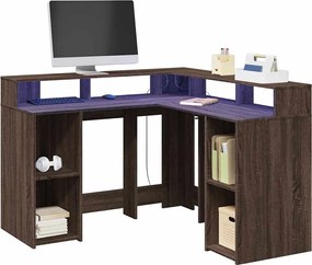 3309453 vidaXL Бюро с LED осветление, Кафяв дъб, 130x130x91см, инженерно дърво