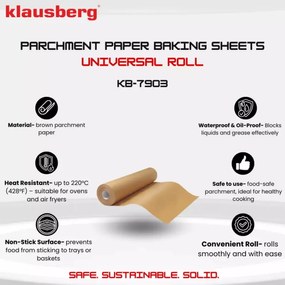Хартия за печене Klausberg KB 7903, Ролка 20 м, Ширина 38 см, -40 до 230°C, Универсална употреба, Незалепваща, Кафяв