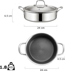 Плитка тенджера Swiss Haus SH-ZGLC24, 24 см, 2.9 л, Sapphire-керамично покритие, Стъклен капак, Фурна до 260C, Индукция, Сребрист