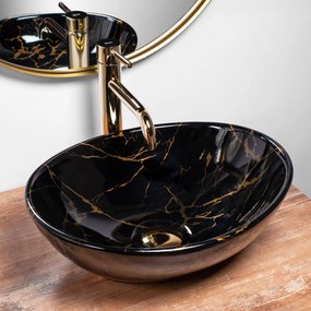 Комплект Умивалник за плот Sofia marble black + Смесител за баня Lungo gold + Изпускателен клапан gold