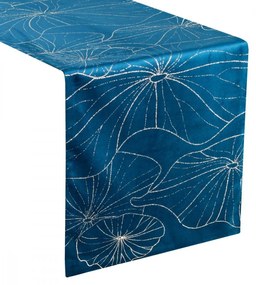 Синя кадифена покривка за маса с флорален принт Широчина: 35 см | Дължина: 220 см