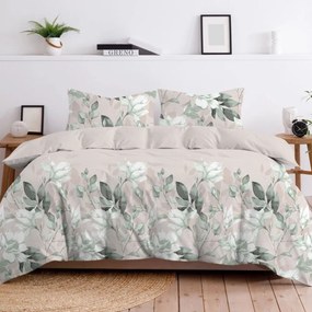 Премиум памучно спално бельо - бежово със зелени цветя Ширина: 160 см | Дължина: 200 см