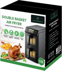 Двоен фритюрник с горещ въздух Just Perfecto JP-AF10DB, 2600 W, 10 л, 10 програми, 80-200 C, Rapid Hot Air Circulation, Синхронизирано готвене, Черен