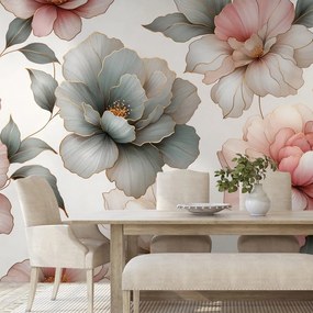 Самозалепващ фототапет – Елегантни пастелни цветя с листа
