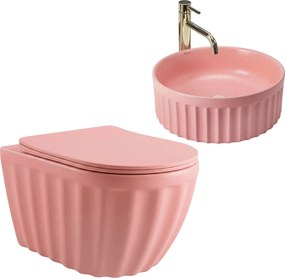 Комплект: Стенна тоалетна чиния + Мивка за плот Rea Duo Sweet Pink Matt