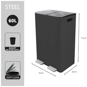 Тъмносиво стоманено кошче за боклук 2x30 l за рециклиране с педал Aliya – Spirella