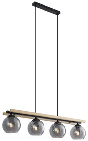 Smart hanglamp zwart met hout en smoke glas 4-lichts incl. Wifi A60 - Aleks