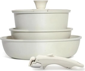 Комплект тенджера и тигани Goldmann GM-1005, 5 части, Универсална дръжка, Индукция, Мраморно покритие, Бежов