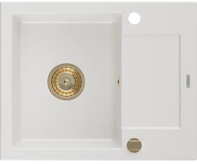 Mexen Enzo гранитна мивка 1-компартмент с плот за отцеждане 576 x 465 mm, бял, златен сифон - 6506571005-20-G