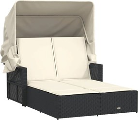 365806 vidaXL Двоен шезлонг със сенник и възглавници черен полиратан