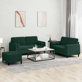 3202006 vidaXL Комплект дивани 3 части с възглавници, тъмнозелен, кадифе