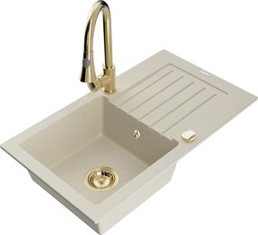 Mexen Pablo гранитна кухненска мивка 1-корпус с отцедник и кухненски смесител Elia, бежов - 6510-69-670101-50