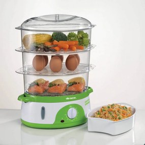 Уред за готвене на пара Ariete HEALTHY STEAM 0911/01, 800W, 9 л, 3 кошници, Таймер, Външно пълнене, Бял/зелен