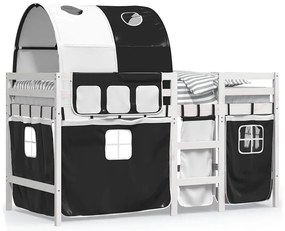 3283856 vidaXL Детско високо легло с тунел, бяло и черно, 90x190 см, бор масив