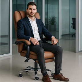 Удобен офис фотьойл с подложка за крака и масаж - кафява екокожа