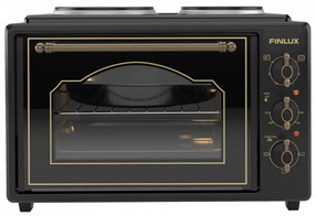 Малка готварска печка Finlux FMC-9705GB, 1600W, 45 л, Два котлона, Стъклена врата, Плавно затваряне, Ретро дизайн, Черен