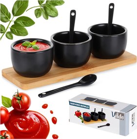 Комплект от 3 керамични купи с лъжици върху бамбуков поднос, 21,5x6,5x5,5 см, черни