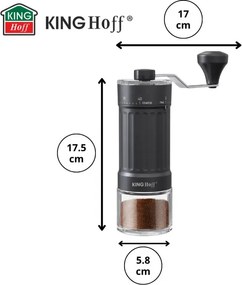 Ръчна кафемелачка Kinghoff KH 2002, 30 г, Керамичен механизъм, Безстепенно регулиране на фиността на смилане, Черен
