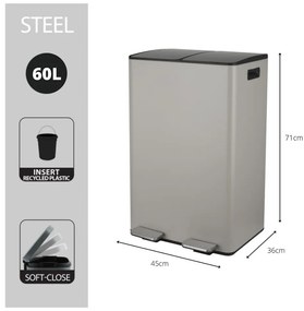 Кафяво-сиво стоманено кошче за боклук 2x30 l за рециклиране с педал Aliya – Spirella