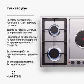 Klarstein MultiChef 5 Hot Plate, електрически и газов котлон, 5 зони за готвене, 4 горелки, 1 електрически котлона