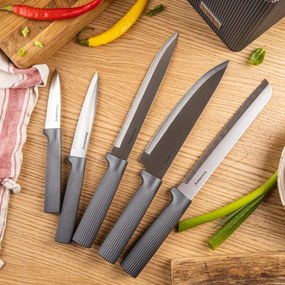 Комплект ножове Klausberg KB 7982, 6 части, Неръждаема стомана, Стойка от акациево дърво, Графит/кафяв