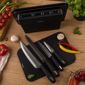 Комплект ножове и дъски за рязане Klausberg KB 7980, 8 части, Неръждаема стомана, Стойка, Черен/инокс