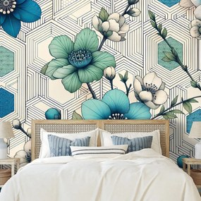 Тапет – Сини цветя с геометричен фон