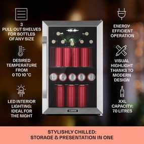 Klarstein Beersafe 70, Birra Edition, охладител, 70 литра, 3 полици, панорамна стъклена врата, неръждаема стомана