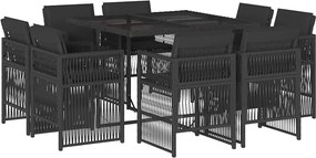 3211015 vidaXL Градински трапезен комплект възглавници 9 части черен полиратан
