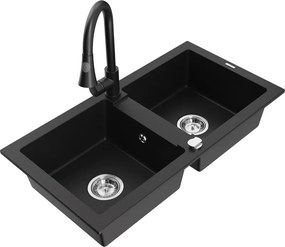 Mexen Mario гранитна мивка с 2 камери с кухненски смесител Elia, черен - 6504-77-670101-70