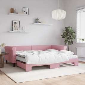 3197798 vidaXL Канапе с изтеглящо легло и матраци розово 90x200 см кадифе
