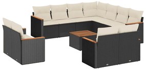 3226504 vidaXL Градински диван с възглавници, 12 части, черен, полиратан