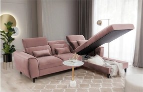 Розов кадифен разтегателен ъглов диван с място за съхранение (десен ъгъл) Foble – ELTAP
