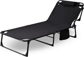 Черно туристическо легло, къмпинг шезлонг 180 см с възглавница и облегалка за глава