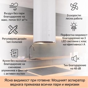 Klarstein Bolea, островен абсорбатор, Ø38см, режим на рециркулация/ засмукване на въздух, 600м³/ч, включително филтри с активен въглен