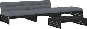 3186141 vidaXL Градински лаундж комплект 4 части с възглавници черен бор масив