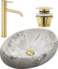 Комплект Умивалник за плот Linda stone + Смесител за баня Lungo gold + Изпускателен клапан gold
