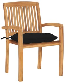 3063274 vidaXL Градински столове, 2 бр, черни възглавници, тиково дърво масив